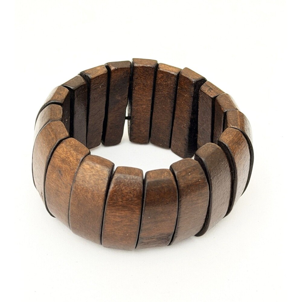Vintage Boho Wide Wooden Panel Elastic Stretch Bangle Bracelet